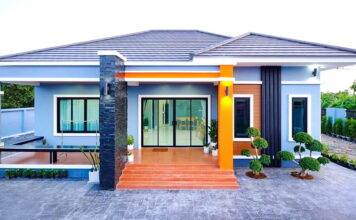 บ้านชั้นเดียวสไตล์คอนเทมโพรารี ดีไซน์สวยหรู เน้นพื้นที่เฉลียงกว้างหน้าบ้าน 3 ห้องนอน 2 ห้องน้ำ