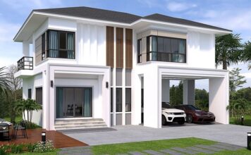 แบบบ้านสองชั้นสไตล์คอนเทมโพรารี ดีไซน์เพื่อครอบครัวใหญ่ 4 ห้องนอน 4 ห้องน้ำ พื้นที่ 247 ตร.ม.