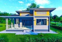 แบบบ้านสไตล์โมเดิร์น ตัวบ้านขนาดพอเหมาะ มาพร้อมพื้นที่เฉลียงกว้างหน้าบ้านให้ใช้งานกันอย่างชิล