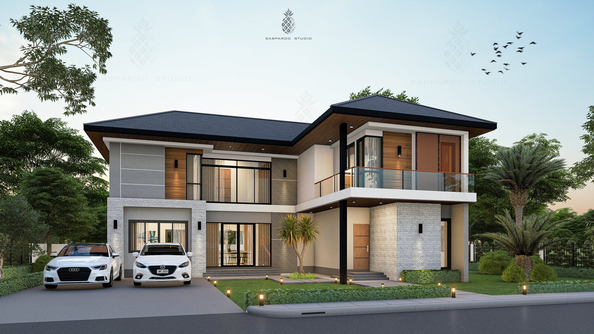 แบบบ้านสองชั้นโมเดิร์นทรอปิคอล รูปทรงตัวแอล สำหรับที่ดินหน้ากว้าง 4 ...